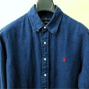 Ralph Lauren Ocean Wash Linen Shirt Button Down Up Long Sleeve Blue Mens XL.